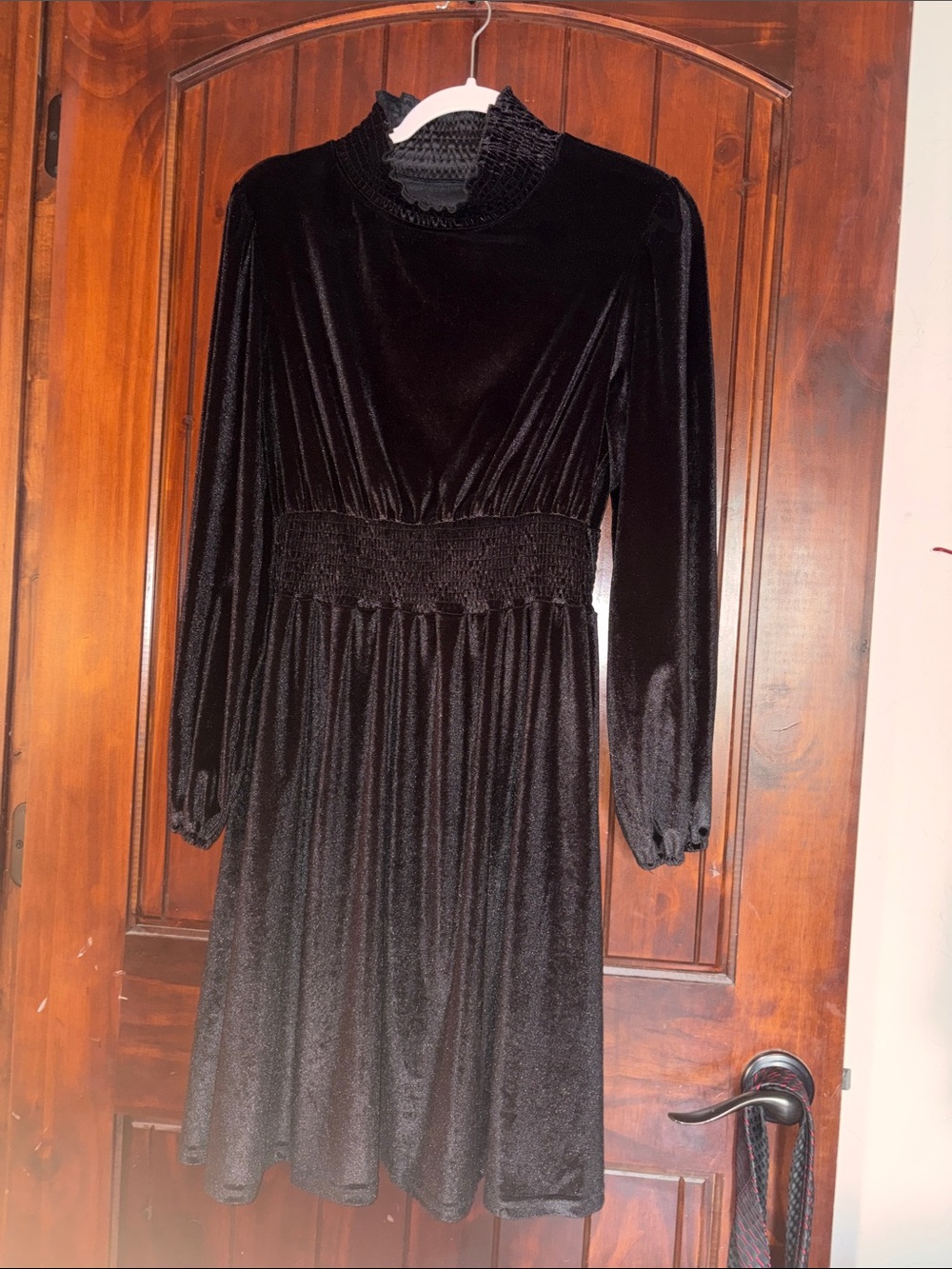 Doublju Black Velvet Long-Sleeve Smocked-Waist Dress
